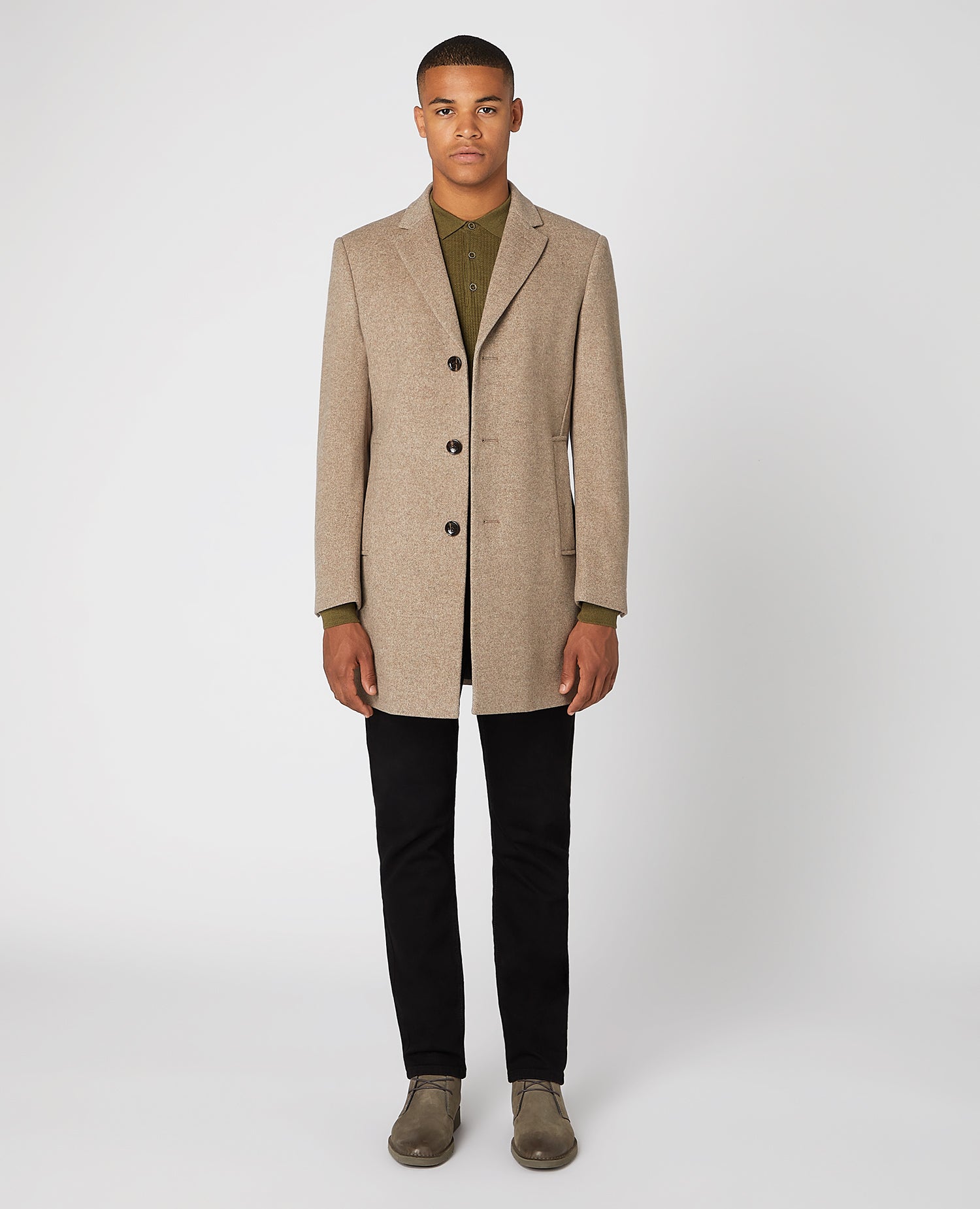 Man wearing a sand Slim Fit Wool-Rich Tailored Coat