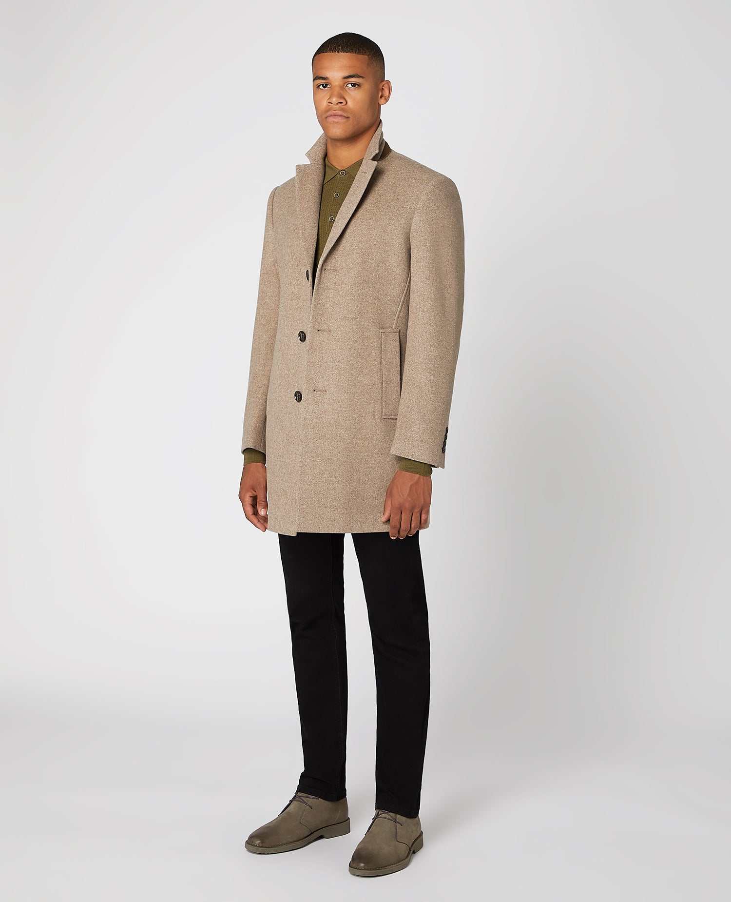 Man wearing a sand Slim Fit Wool-Rich Tailored Coat
