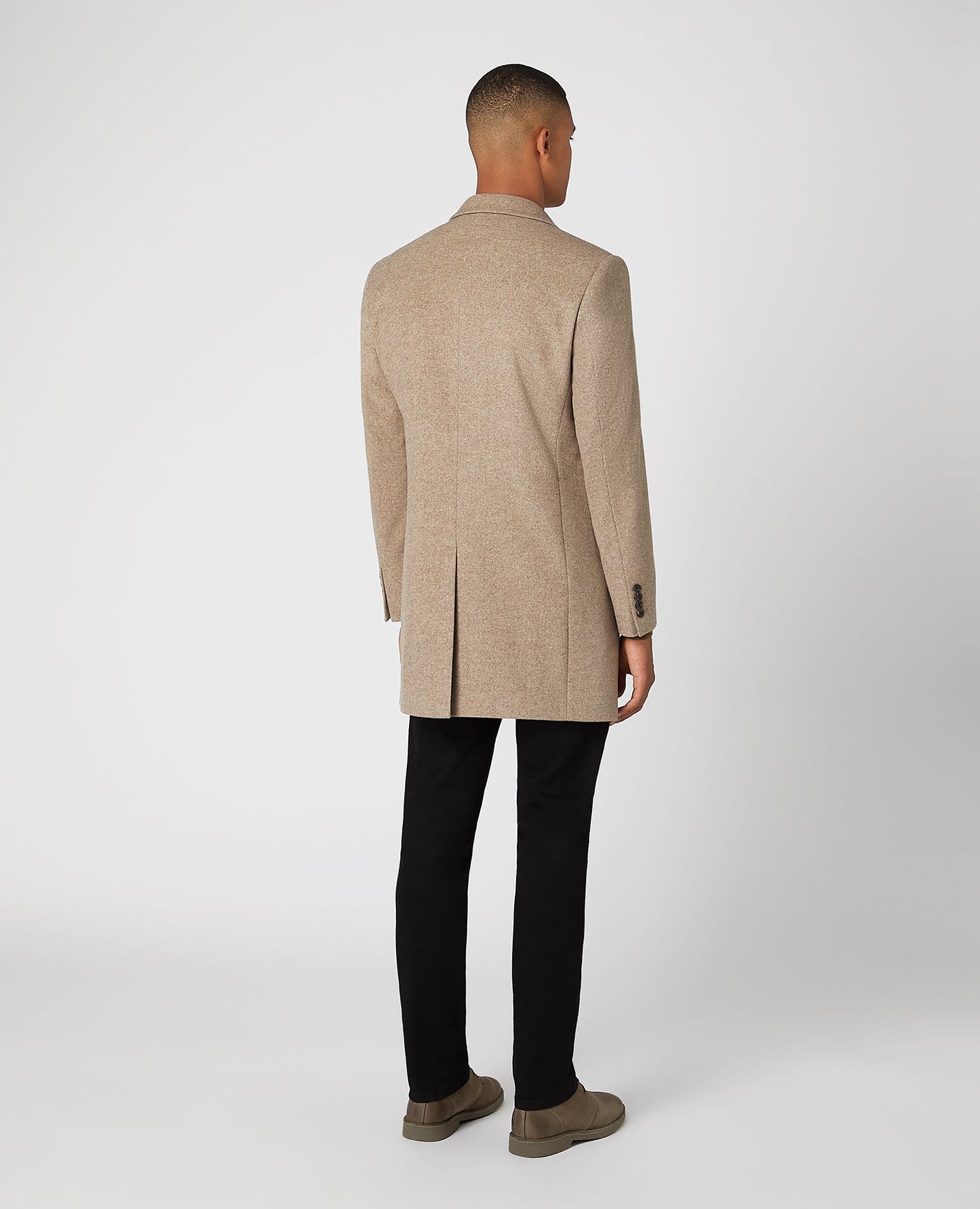 Man wearing a sand Slim Fit Wool-Rich Tailored Coat