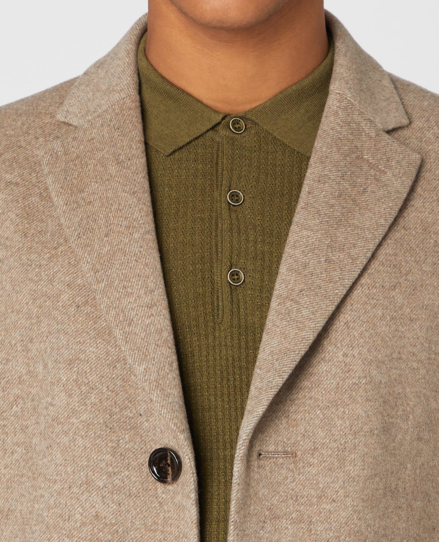 Man wearing a sand Slim Fit Wool-Rich Tailored Coat