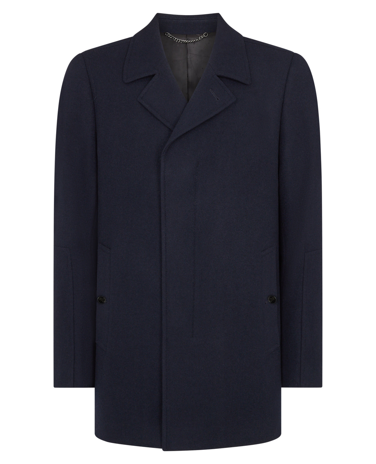 Man wearing a navy Tailored Fit Overcoat