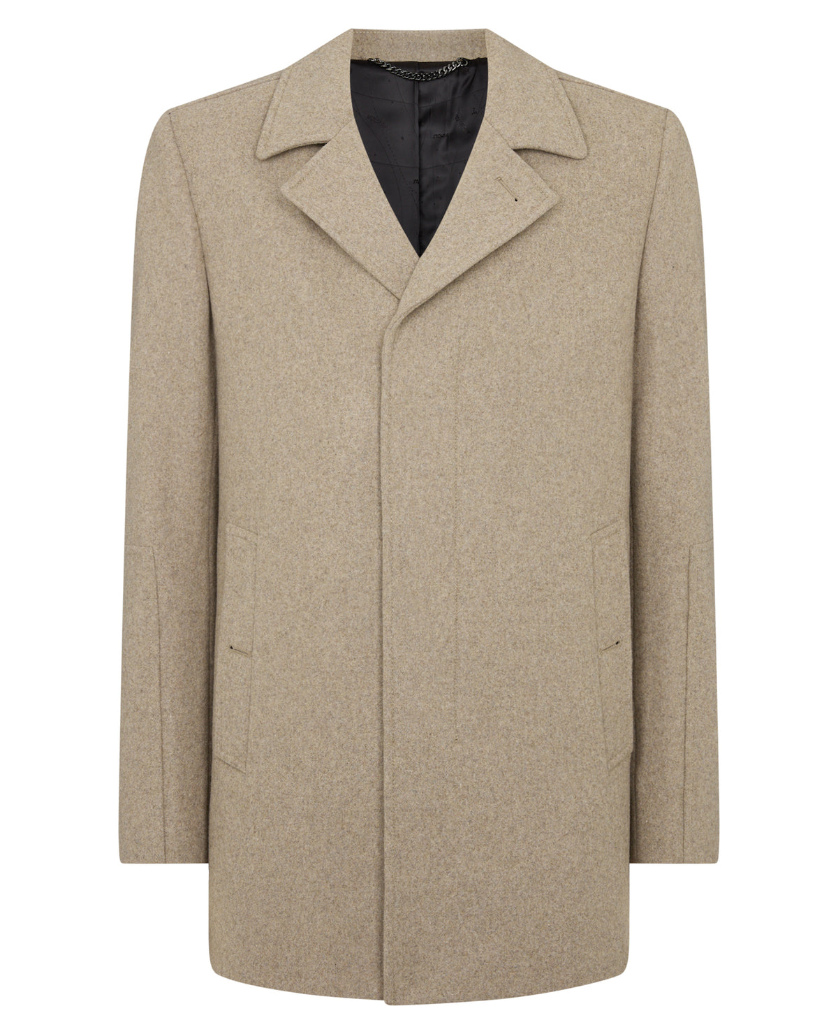 Man wearing a sand Lochlan Tailored Fit Wool Blend Overcoat