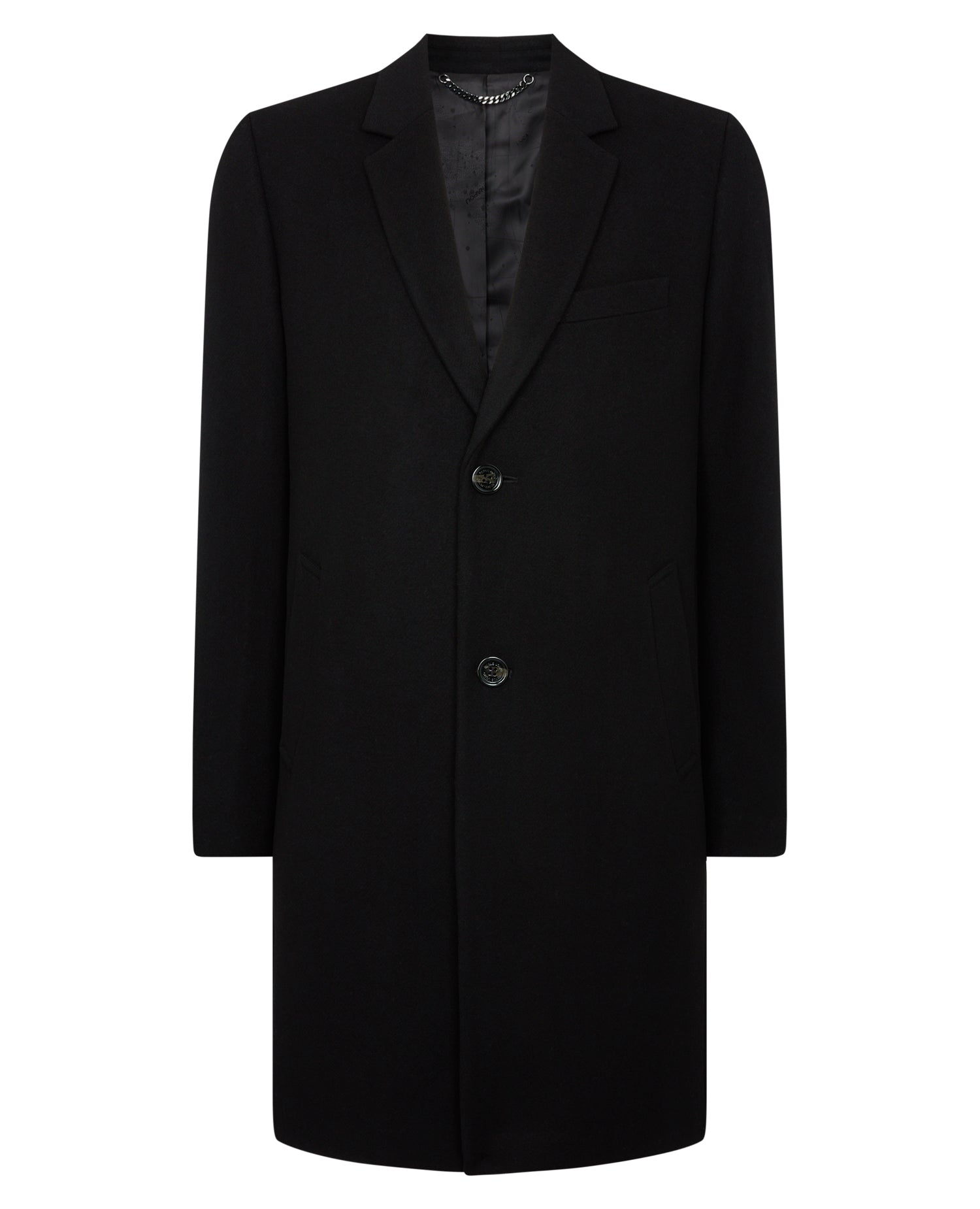 Man wearing a black Kayden Tailored Fit Chelsea Overcoat