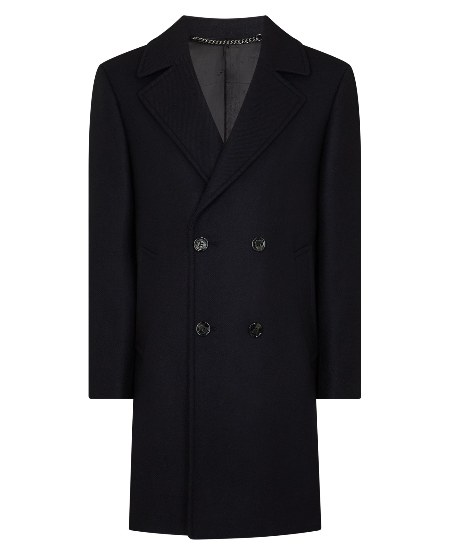 Man wearing a navy Relaxed Fit Double Breasted Overcoat