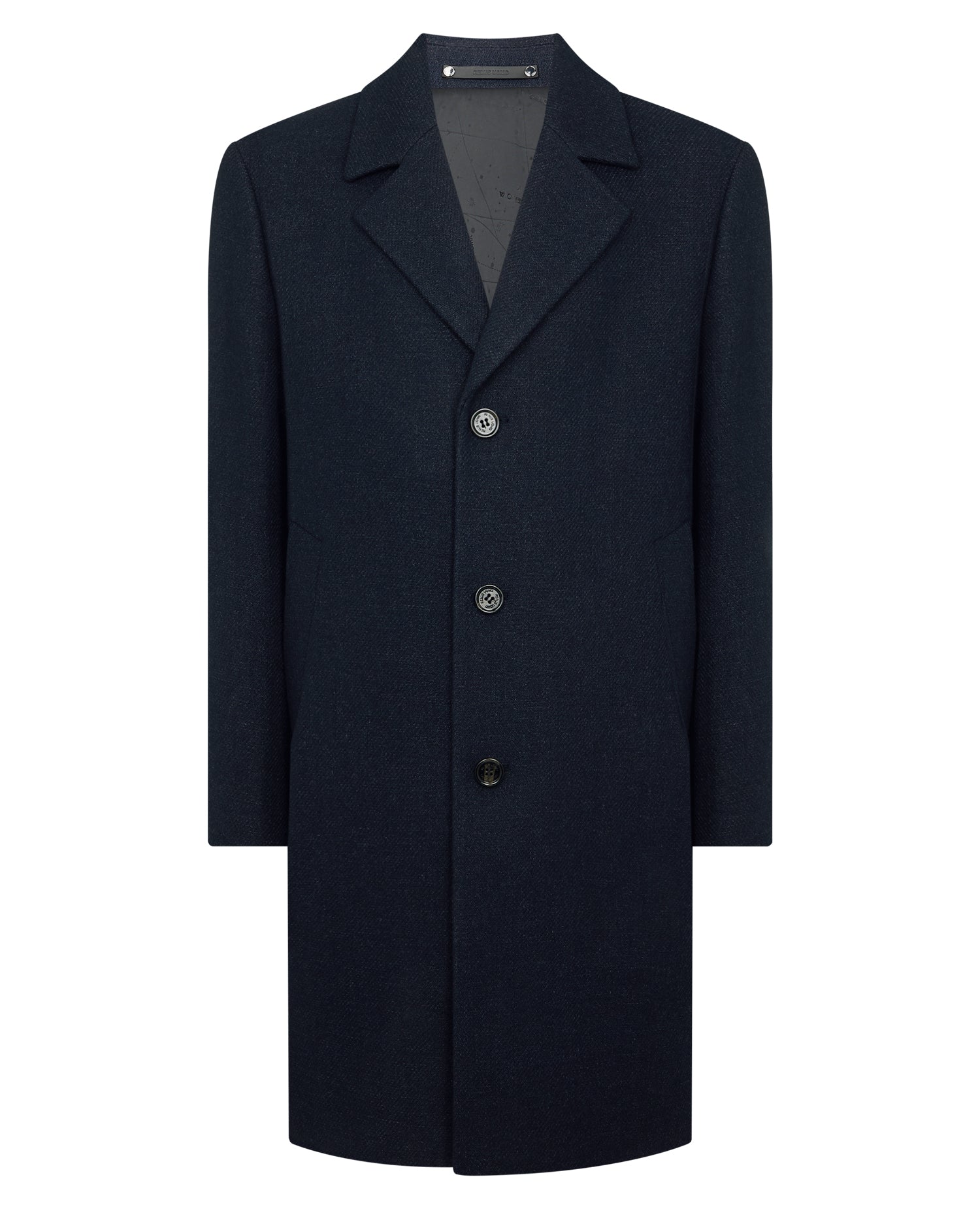 Man wearing a navy Dylan Relaxed Fit Wool Blend Coat