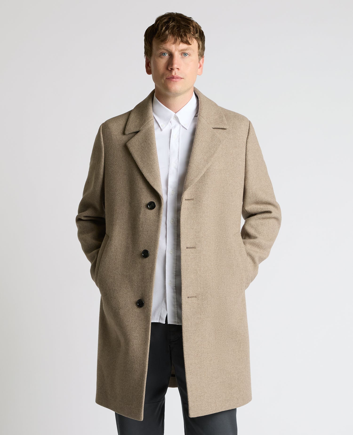 Man wearing a sand Dylan Relaxed Fit Wool Blend Coat