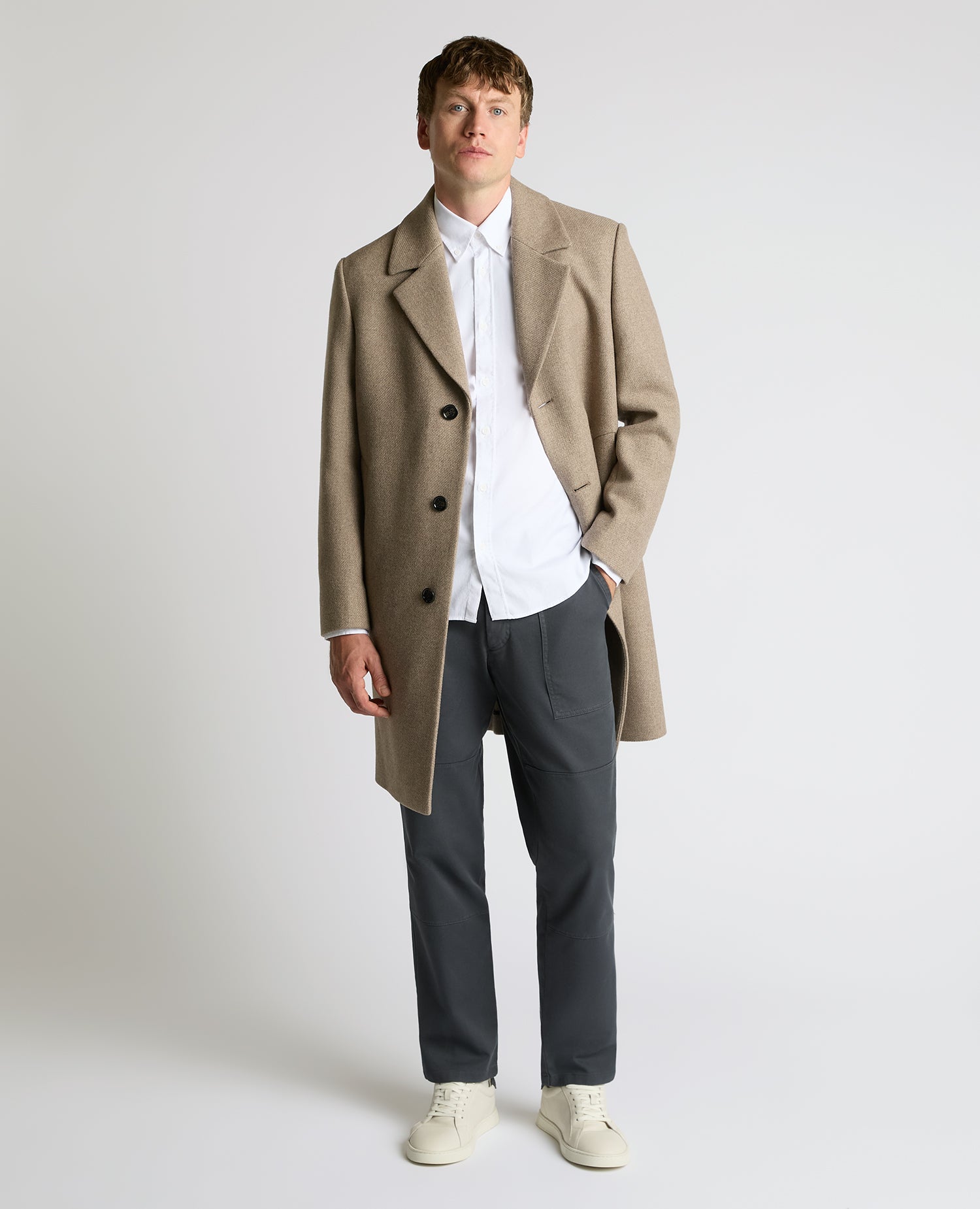 Man wearing a sand Dylan Relaxed Fit Wool Blend Coat