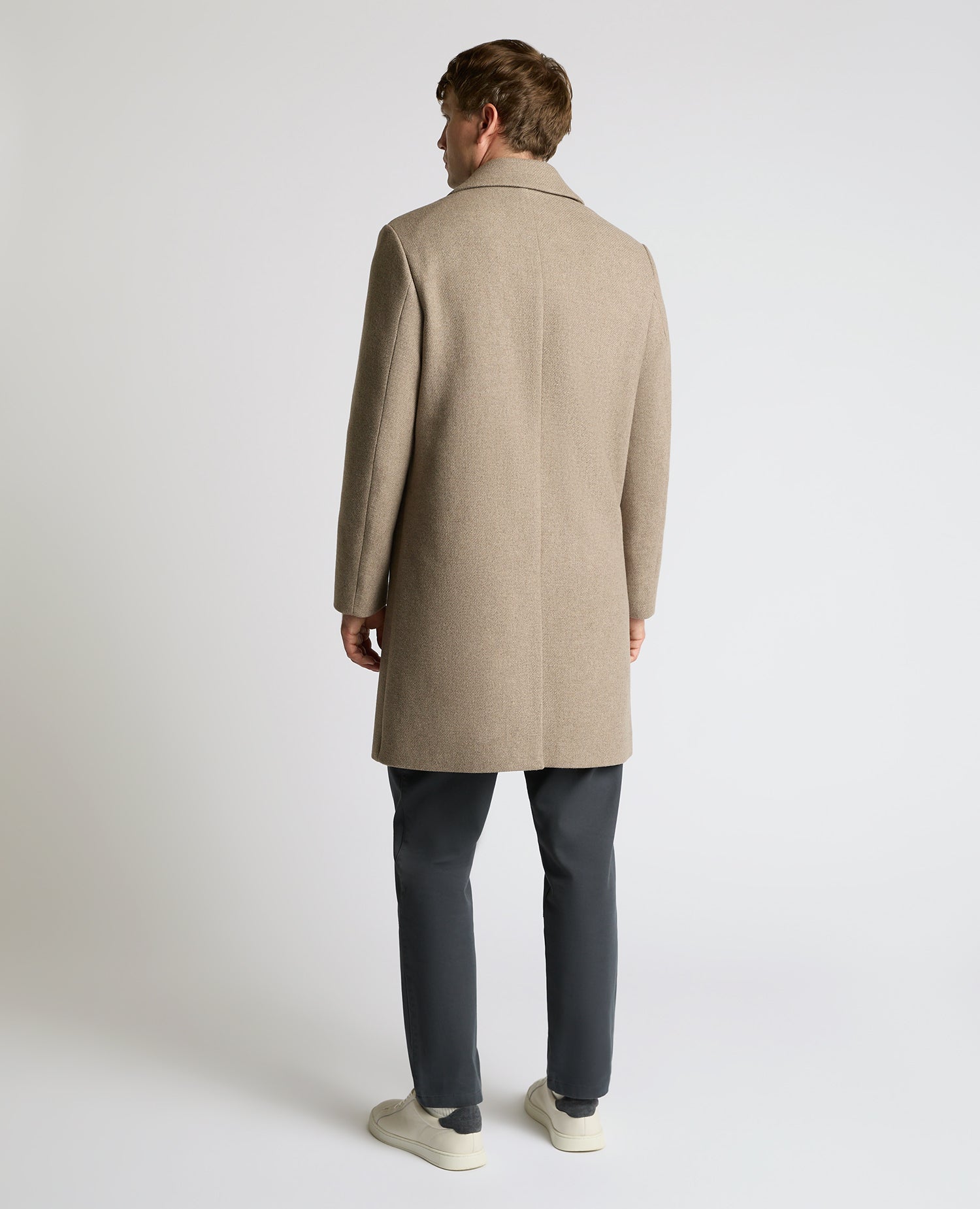 Man wearing a sand Dylan Relaxed Fit Wool Blend Coat