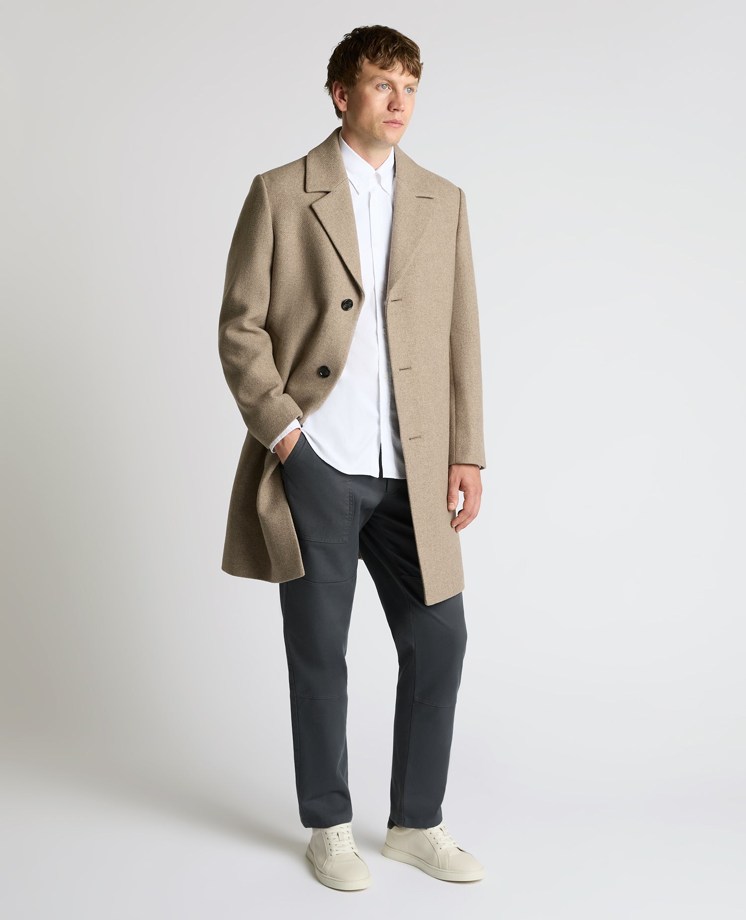Man wearing a sand Dylan Relaxed Fit Wool Blend Coat