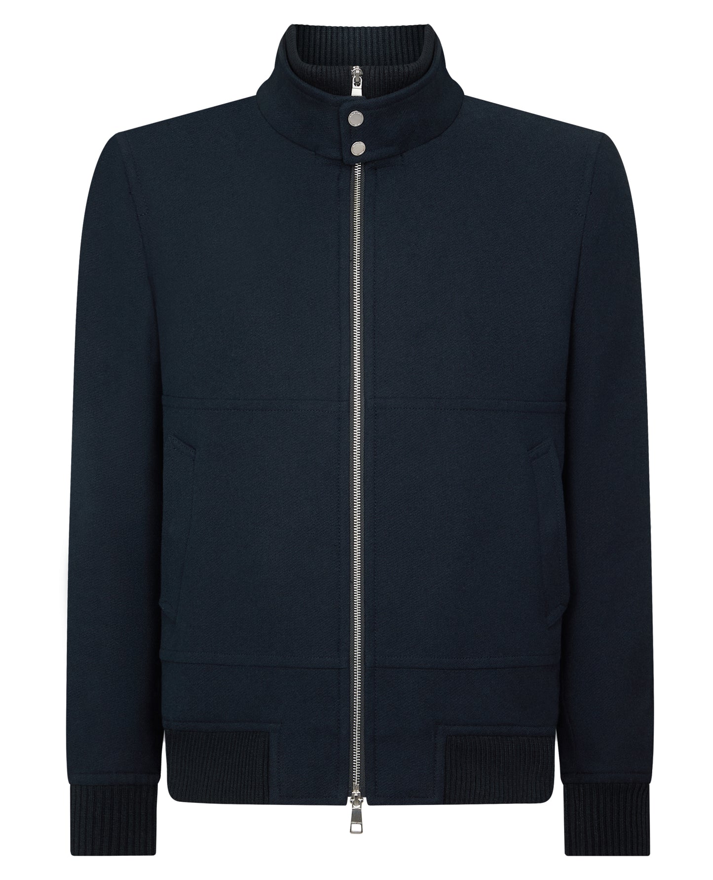 Man wearing a navy Braxton Regular Fit Twill Jacket