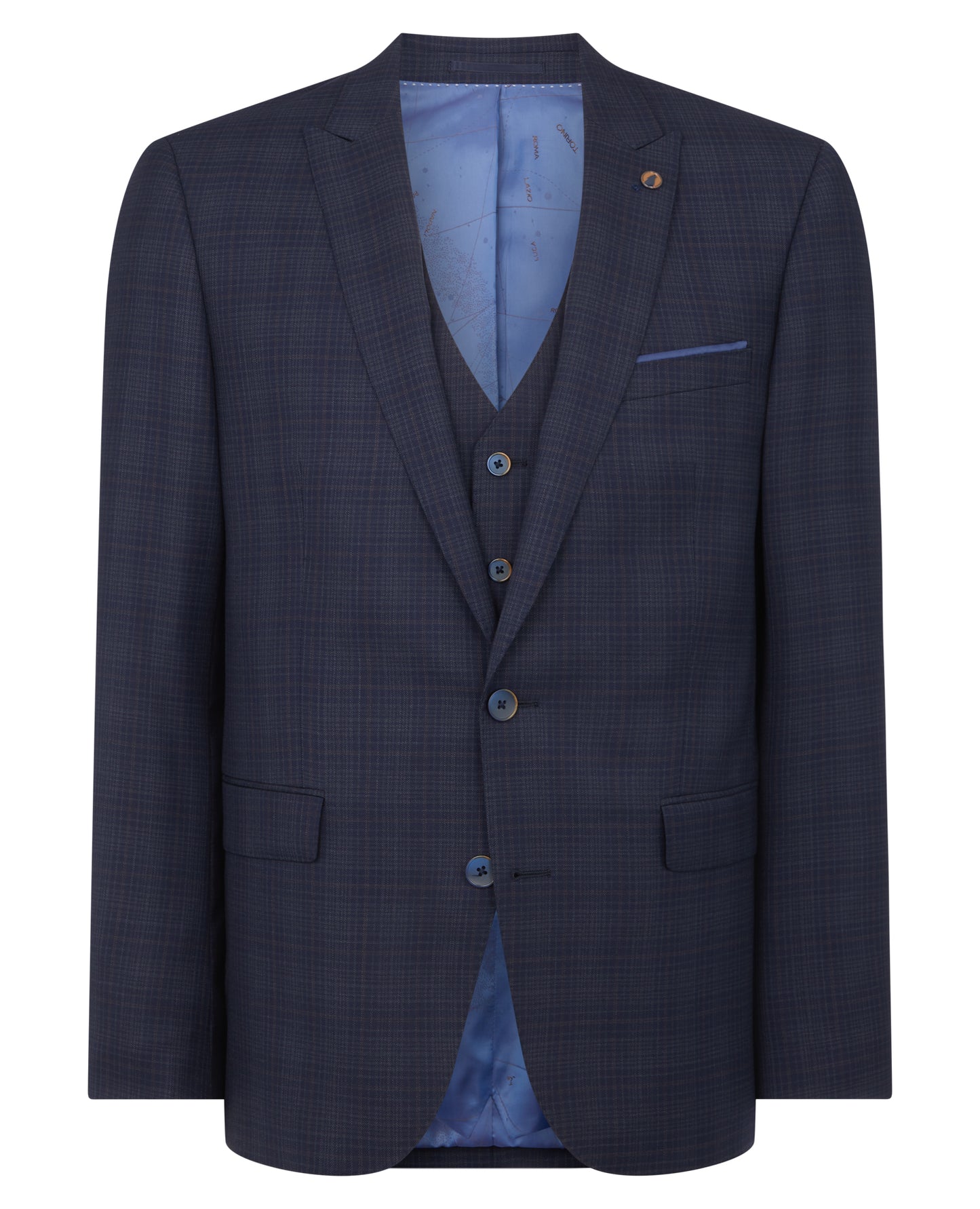 Man wearing a navy Tapered Fit Checked Wool Rich Mix and Match Suit