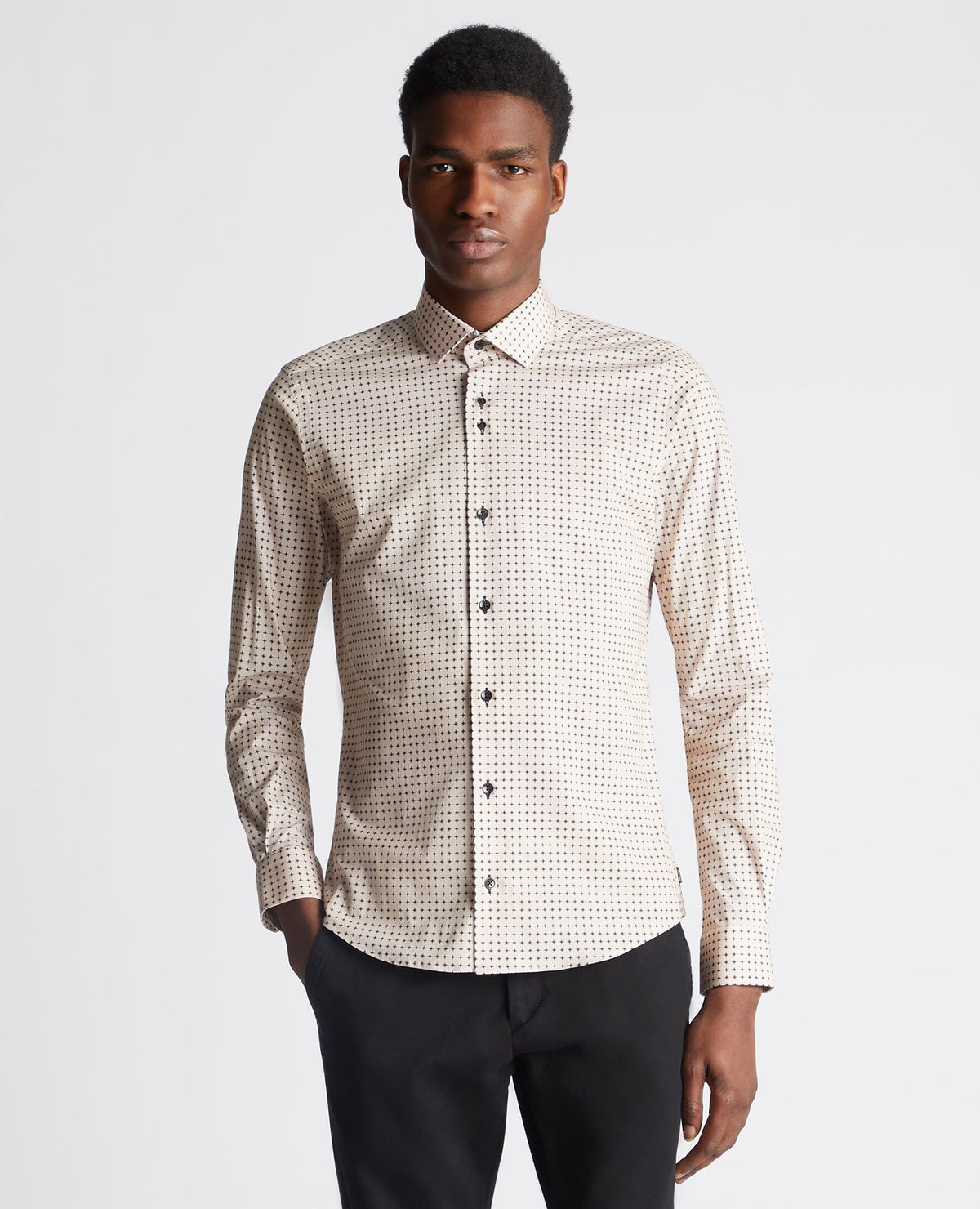 Man wearing a sand Slim Fit Print Cotton-Blend Stretch Shirt