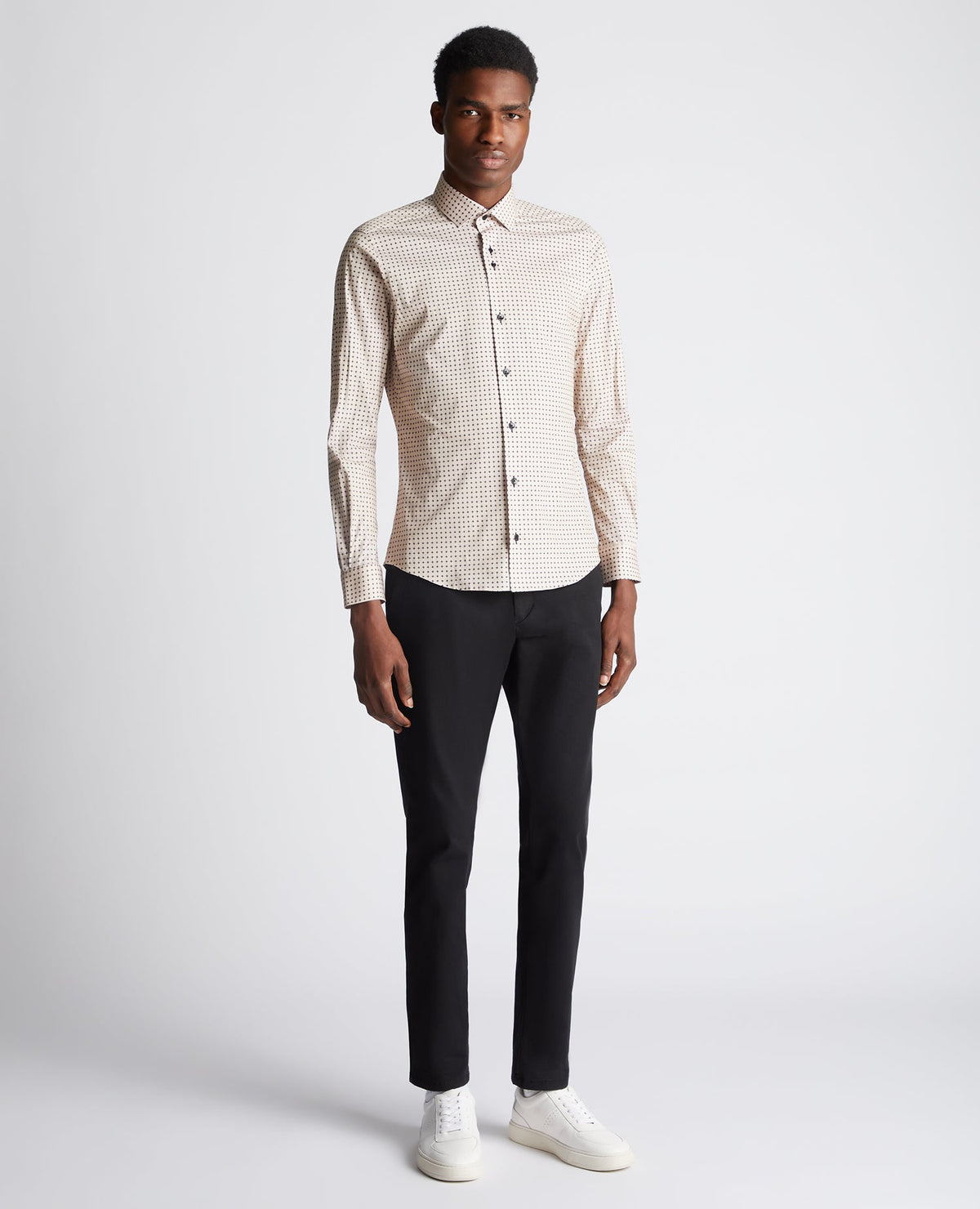 Man wearing a sand Slim Fit Print Cotton-Blend Stretch Shirt