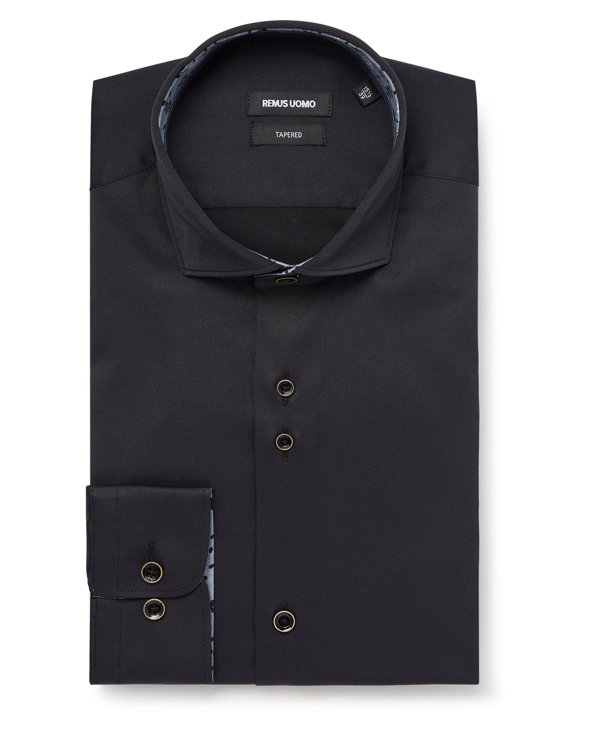 Man wearing a black Tapered Fit Cotton-Blend Stretch Shirt