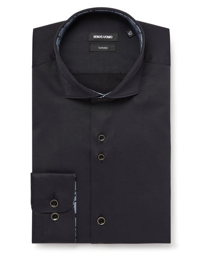 Man wearing a black Tapered Fit Cotton-Blend Stretch Shirt