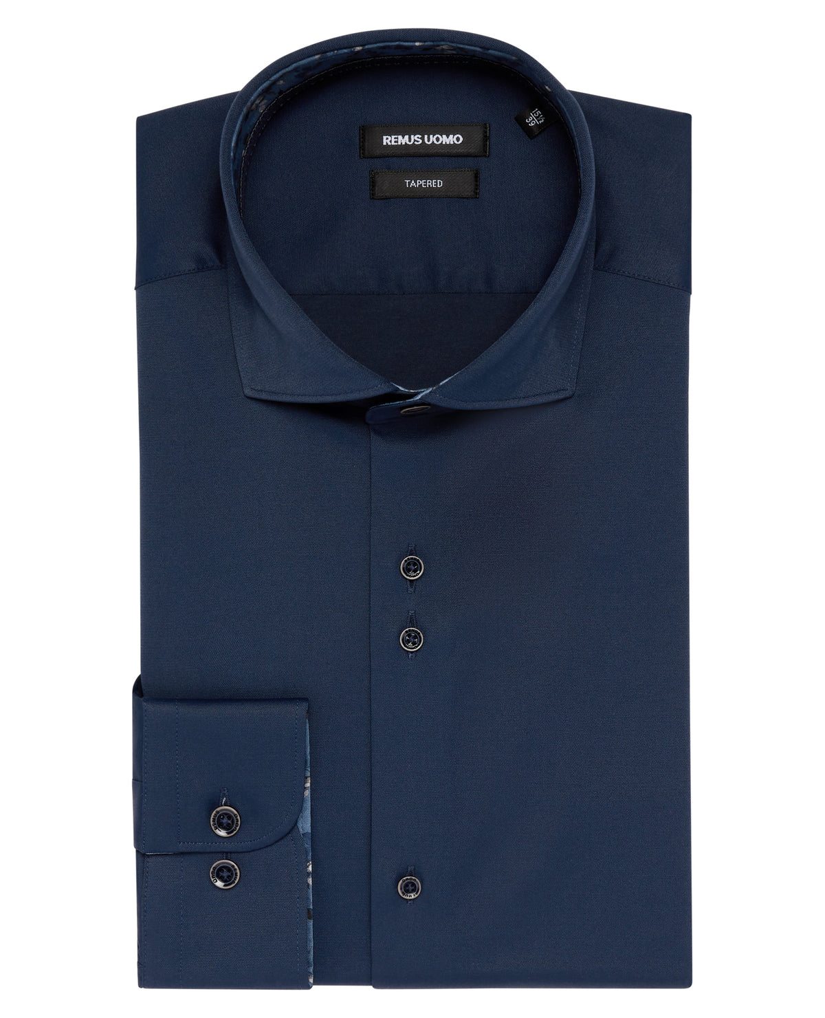 Man wearing a navy Tapered Fit Cotton-Blend Stretch Shirt