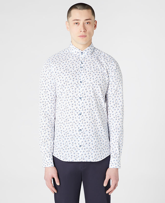 Tapered Fit Print Cotton-Stretch Shirt