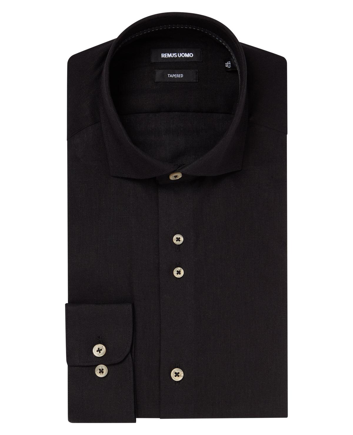 Man wearing a black Tapered Fit Cotton-Linen Blend Shirt