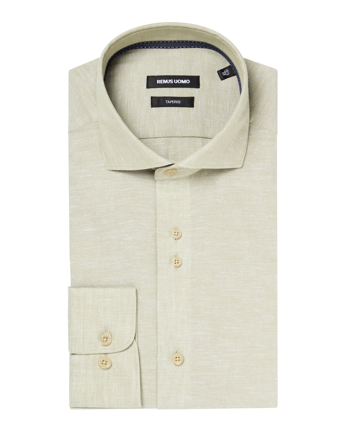 Man wearing a green Tapered Fit Cotton-Linen Blend Shirt
