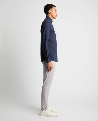 Man wearing a navy Tapered Fit Cotton-Linen Blend Shirt