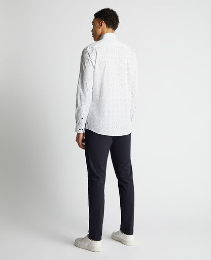 Man wearing a navy Tapered Fit Cotton Stretch Shirt
