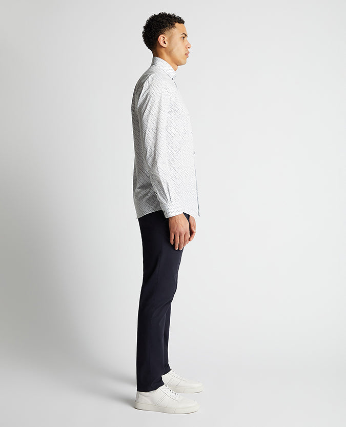 Man wearing a navy Tapered Fit Cotton Stretch Shirt