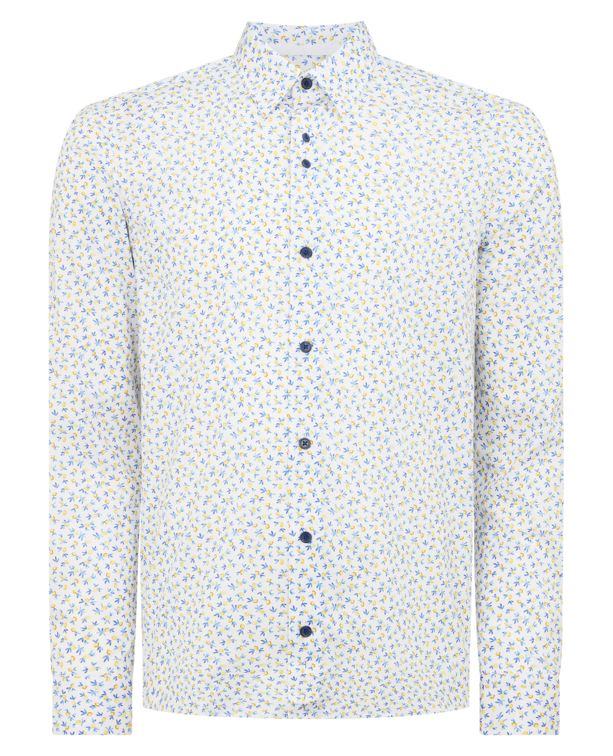 Man wearing a blue Regular Fit Print Cotton-Stretch Shirt