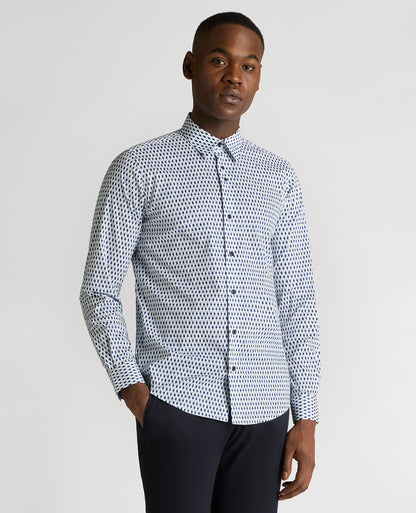 Man wearing a navy Regular Fit Print Cotton-Stretch Shirt