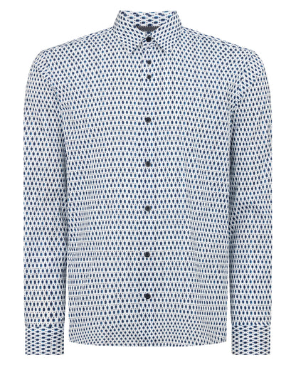 Man wearing a navy Regular Fit Print Cotton-Stretch Shirt