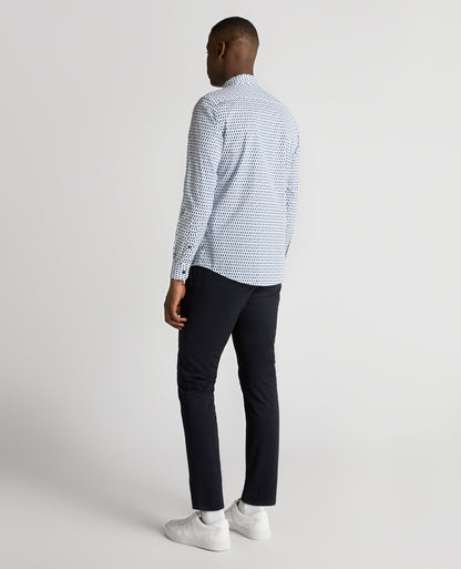 Man wearing a navy Regular Fit Print Cotton-Stretch Shirt