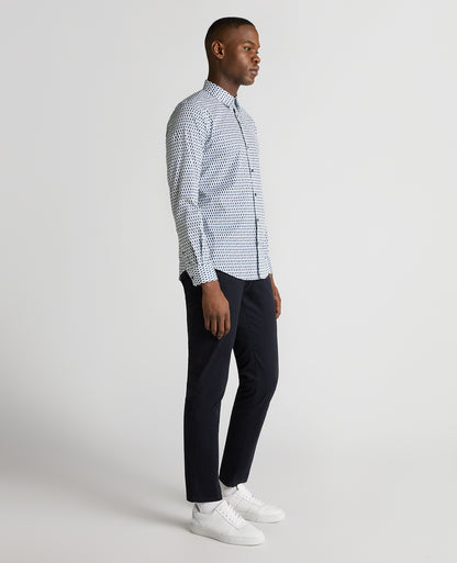 Man wearing a navy Regular Fit Print Cotton-Stretch Shirt