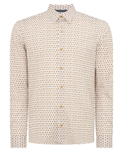 Man wearing a navy Regular Fit Print Cotton-Stretch Shirt