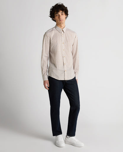 Man wearing a navy Regular Fit Print Cotton-Stretch Shirt