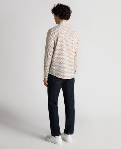 Man wearing a navy Regular Fit Print Cotton-Stretch Shirt