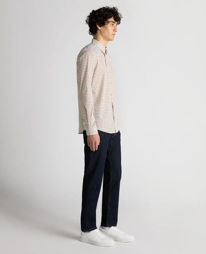 Man wearing a navy Regular Fit Print Cotton-Stretch Shirt