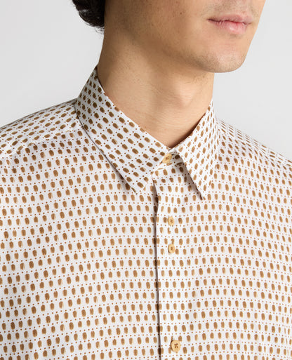 Man wearing a navy Regular Fit Print Cotton-Stretch Shirt