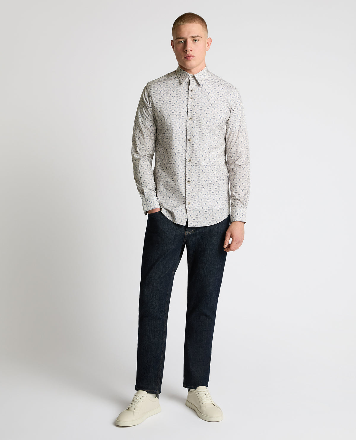 Man wearing a sand Regular Fit Print Cotton Stretch Shirt