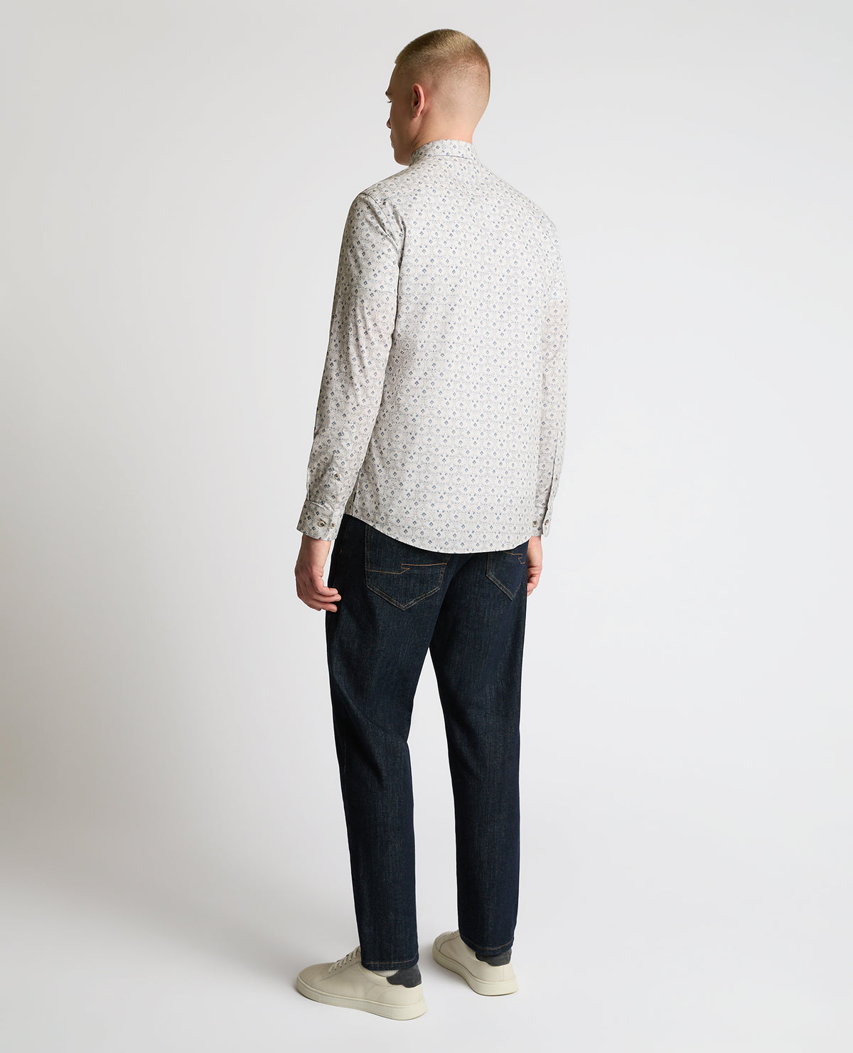 Man wearing a sand Regular Fit Print Cotton Stretch Shirt