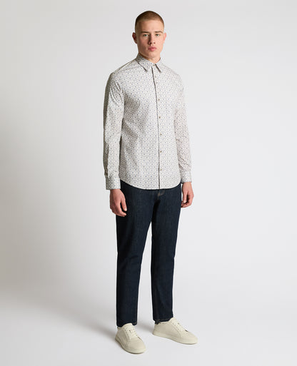 Man wearing a sand Regular Fit Print Cotton Stretch Shirt