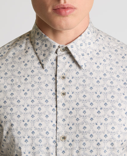 Man wearing a sand Regular Fit Print Cotton Stretch Shirt
