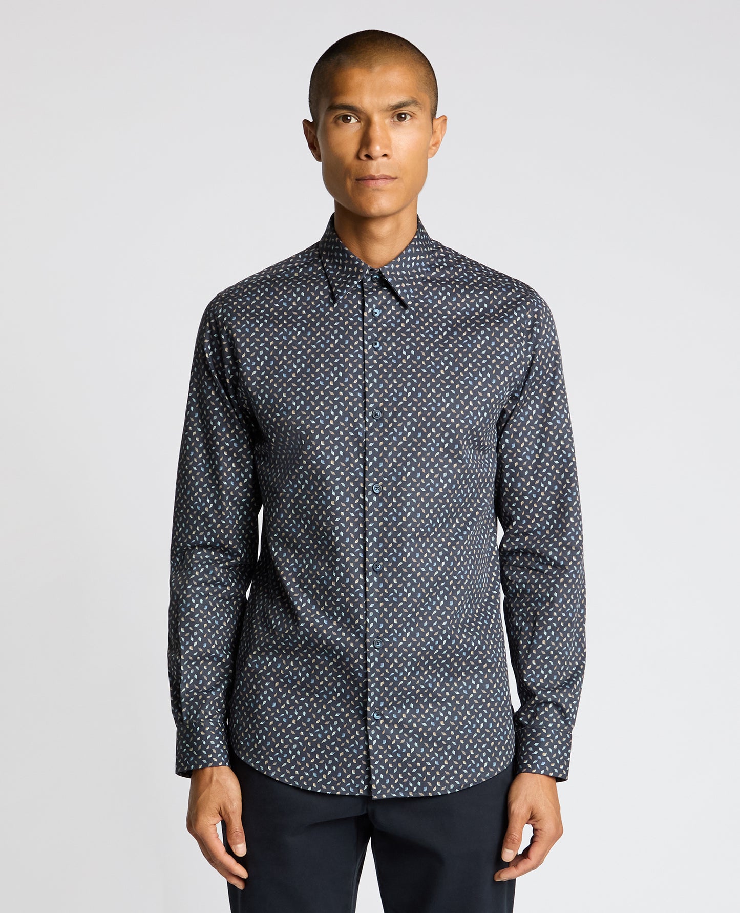 Man wearing a navy Regular Fit Print Cotton Shirt