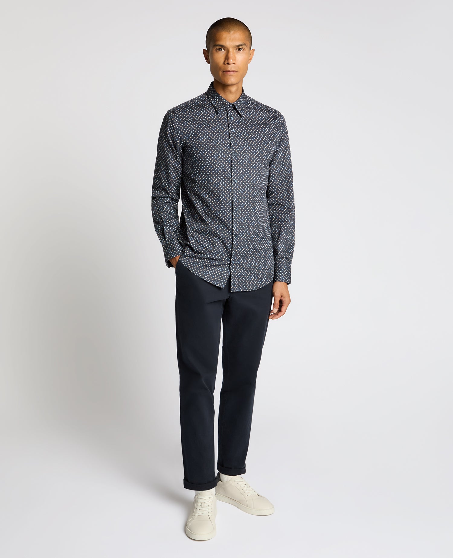 Man wearing a navy Regular Fit Print Cotton Shirt