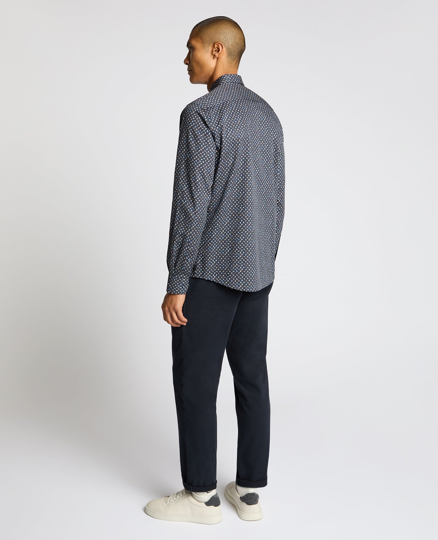 Man wearing a navy Regular Fit Print Cotton Shirt