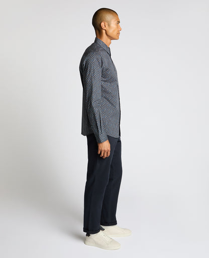 Man wearing a navy Regular Fit Print Cotton Shirt