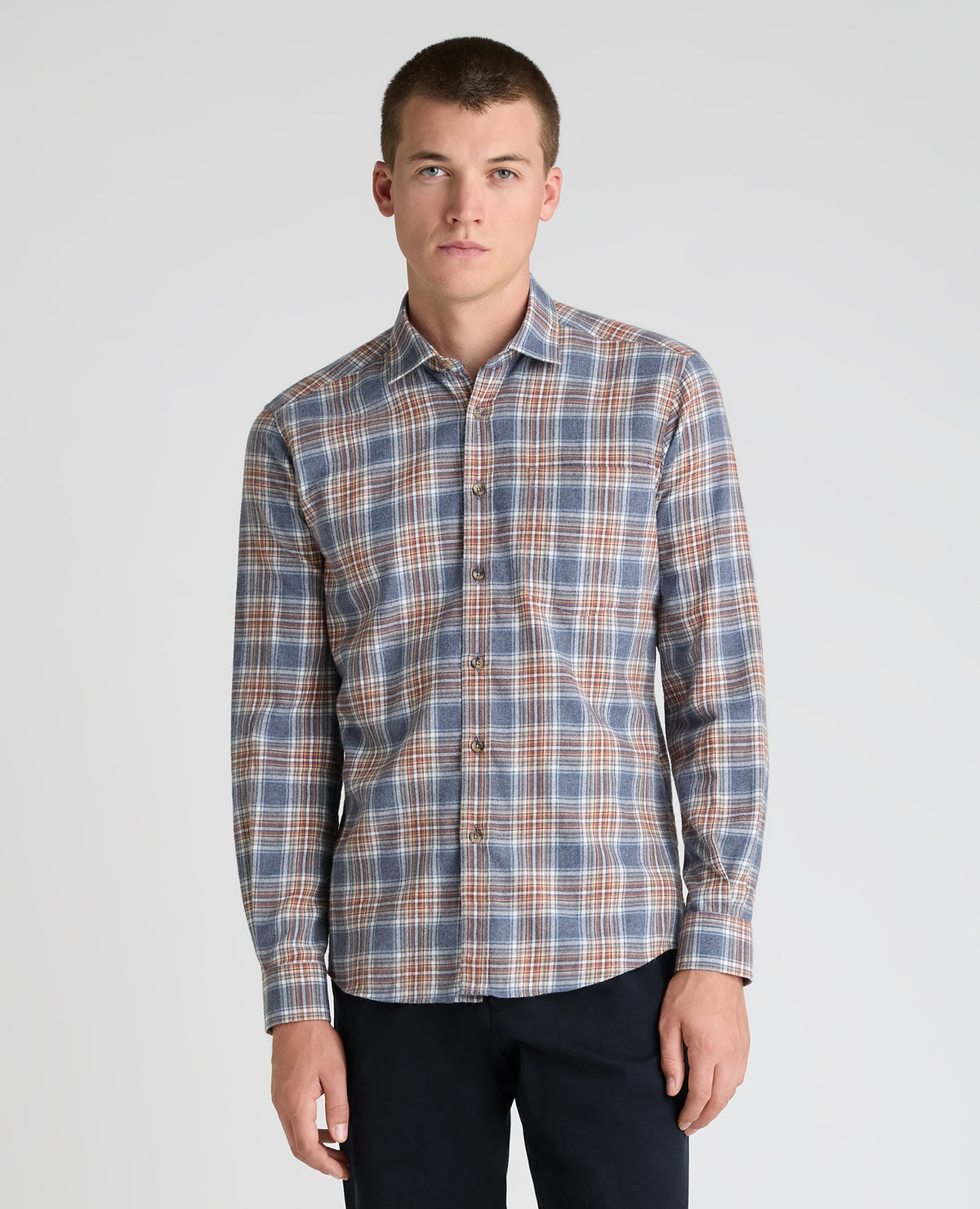 Dark Blue Plaid Cotton Blend Shirt