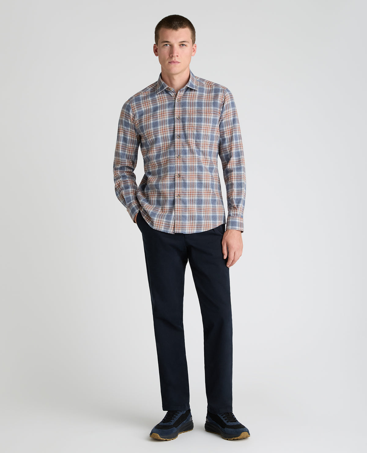 Dark Blue Plaid Cotton Blend Shirt