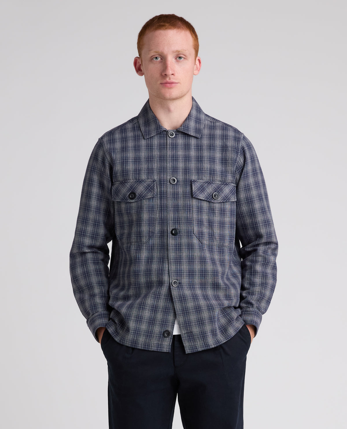 Dark Blue Plaid Cotton Stretch Shacket