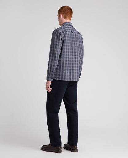 Dark Blue Plaid Cotton Stretch Shacket