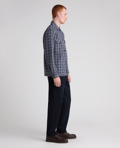 Dark Blue Plaid Cotton Stretch Shacket