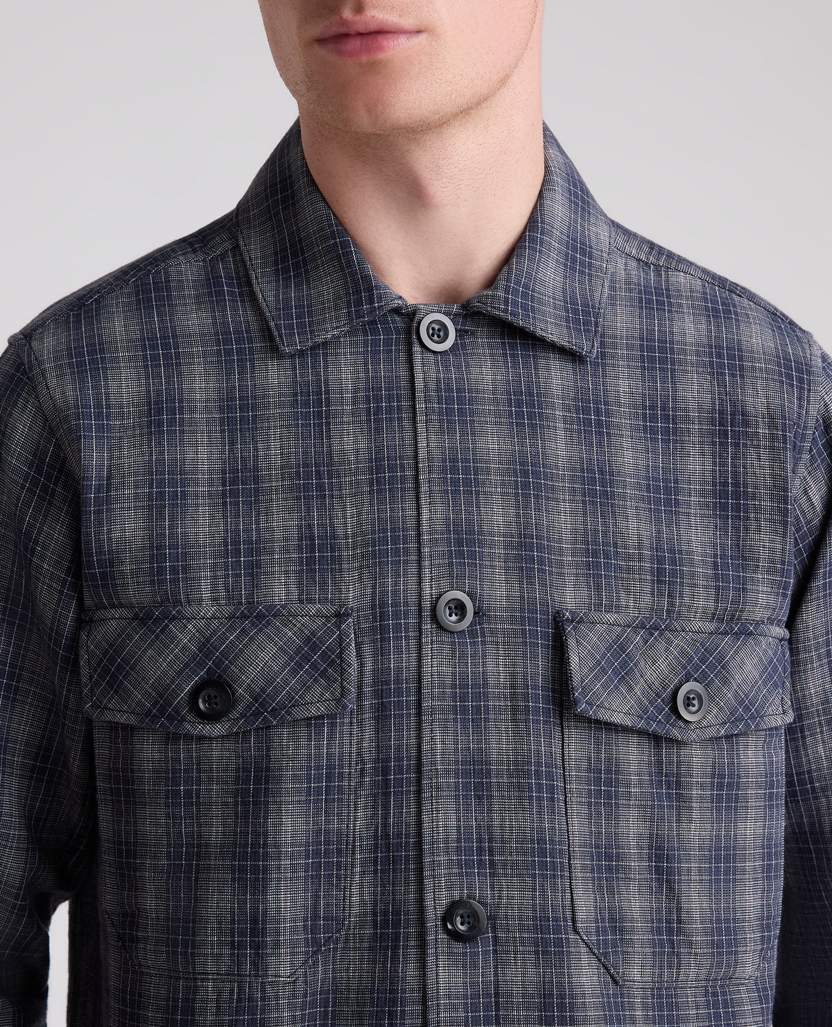 Dark Blue Plaid Cotton Stretch Shacket